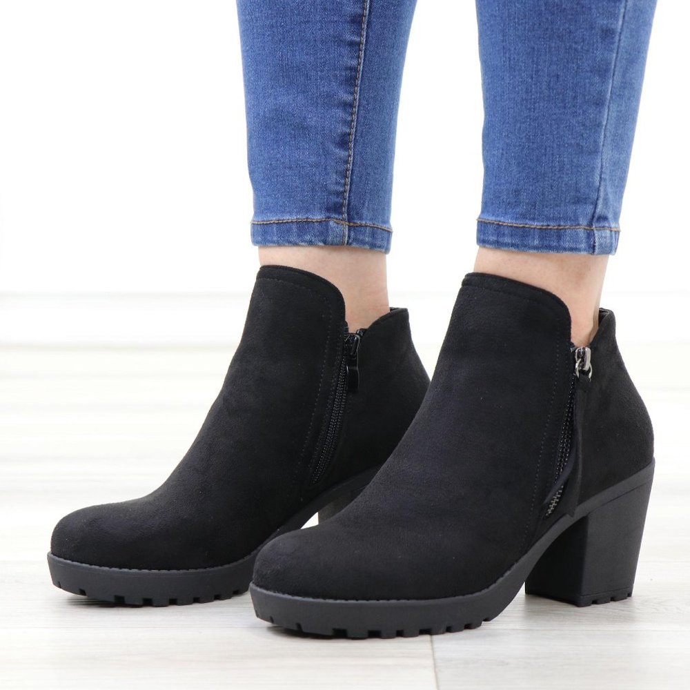 Black Suede Lug Chunky Heel Ankle Boots - Picture 16 of 16